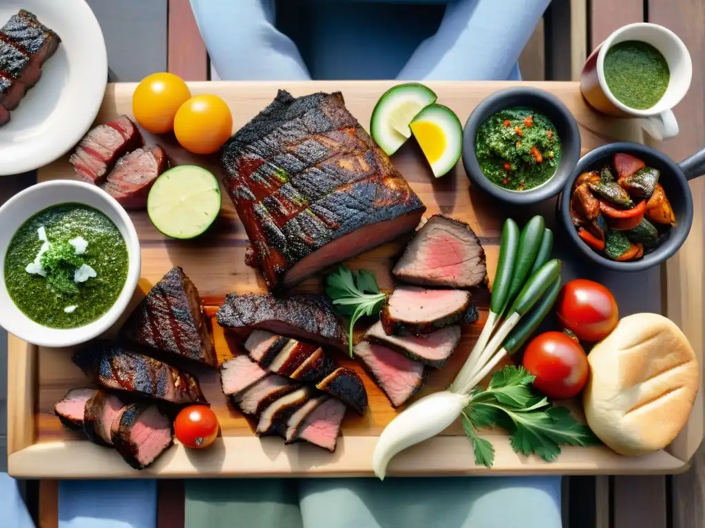 Una parrillada uruguaya tradicional con carnes a la parrilla, chimichurri y vino Tannat, en una mesa rústica al aire libre