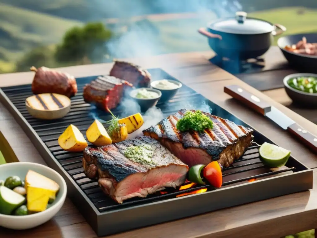 Una parrillada uruguaya tradicional con carnes a la parrilla y acompañamientos, en un entorno campestre