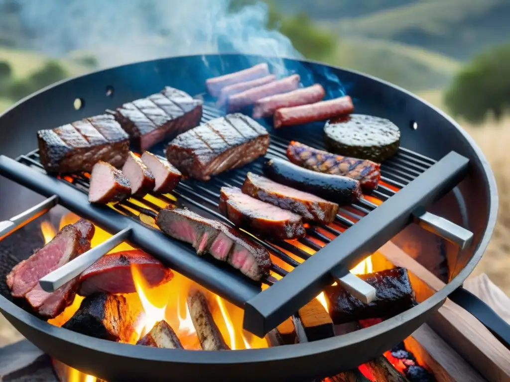 Una parrillada tradicional en Uruguay: carnes sabrosas sobre brasas, paisaje campestre y maestro asador