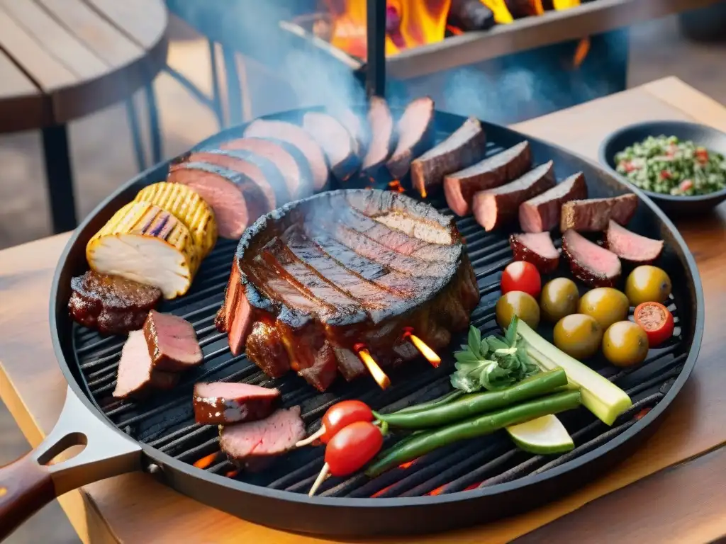 Una parrillada uruguaya tradicional con carnes suculentas y vino Tannat al atardecer