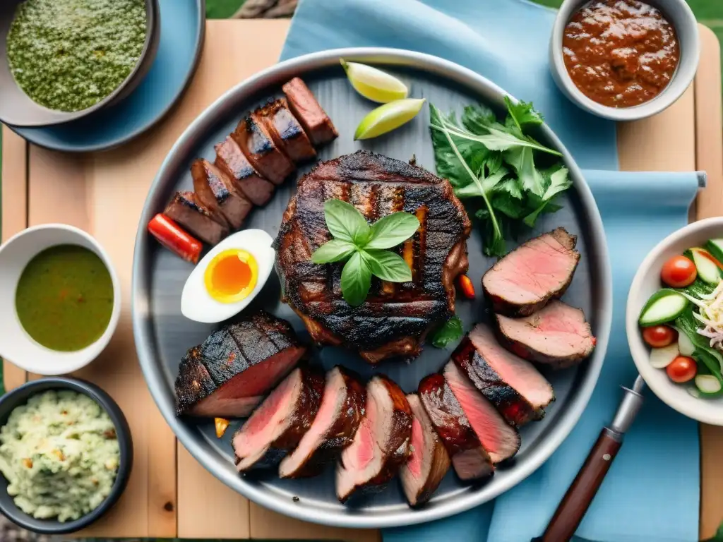 Una parrillada tradicional uruguaya con carnes variadas asándose a la perfección sobre brasas, rodeada de chimichurri, ensaladas y vino Tannat