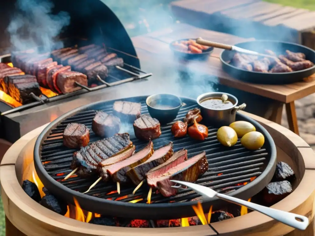 Una parrillada uruguaya tradicional con churrasco, morcilla y chorizo asándose en una parrilla gigante