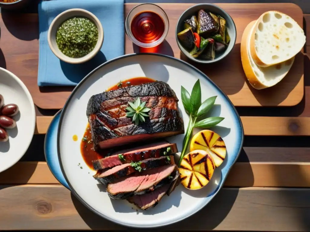 Una parrillada uruguaya tradicional con churrasco, morcilla y chorizo, rodeada de chimichurri, pan y vino Tannat