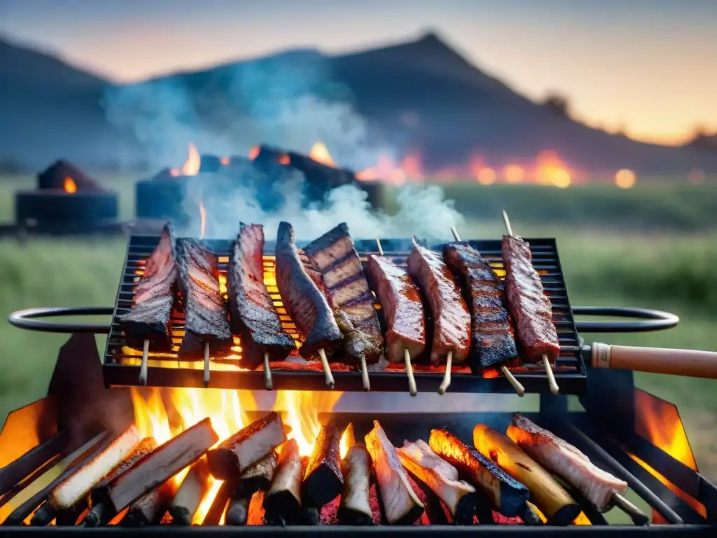 Una parrillada uruguaya tradicional bajo un cielo estrellado, con las mejores parrilladas al aire libre