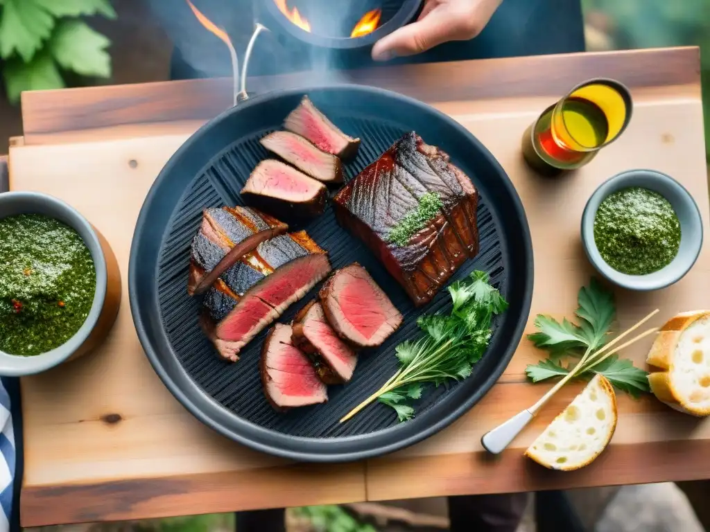 Una parrillada uruguaya tradicional con cortes de asado recomendados, en un entorno rústico al aire libre