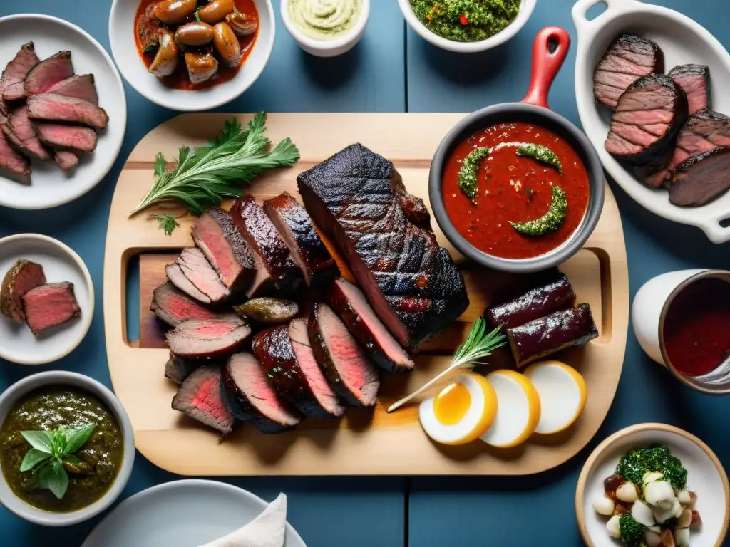 Una parrillada uruguaya tradicional con cortes de carne y acompañamientos, capturando la esencia de la cocina uruguaya