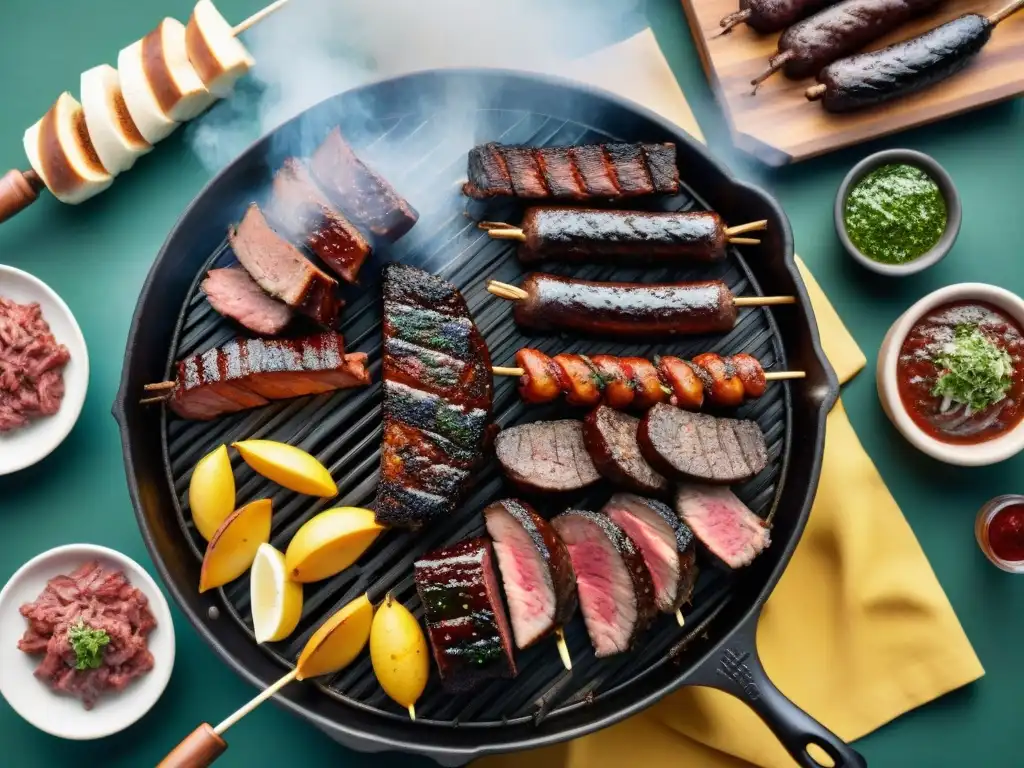 Una parrillada uruguaya tradicional con cortes de carne asándose a la perfección, chimichurri y ensaladas frescas