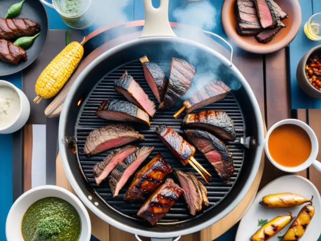 Una parrillada uruguaya tradicional con cortes de carne, chorizos y mollejas cocinándose a la perfección sobre brasas