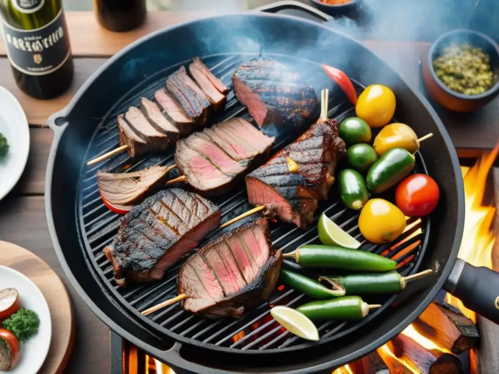 Una parrillada uruguaya tradicional con cortes de carne en la parrilla sobre brasas calientes