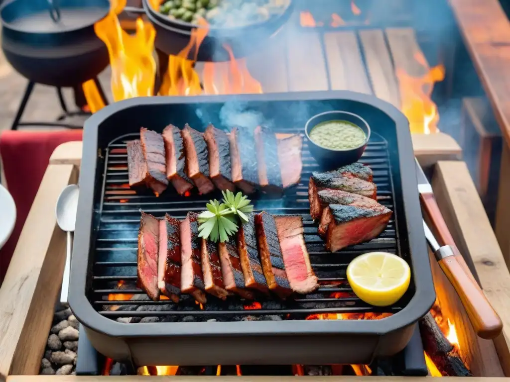 Una parrillada uruguaya tradicional con cortes perfectamente grillados rodeados de llamas y humo, en un entorno rústico al aire libre