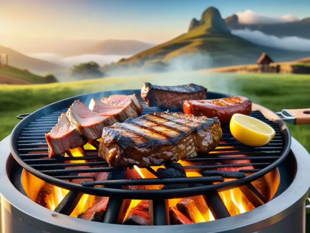 Una parrillada uruguaya tradicional con cortes premium, certificaciones asado uruguayo prestigiosas, campo pintoresco y luz cálida