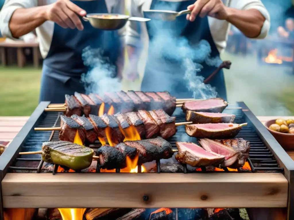 Una parrillada uruguaya tradicional con cortes suculentos y un gaucho experto, bajo un cielo azul