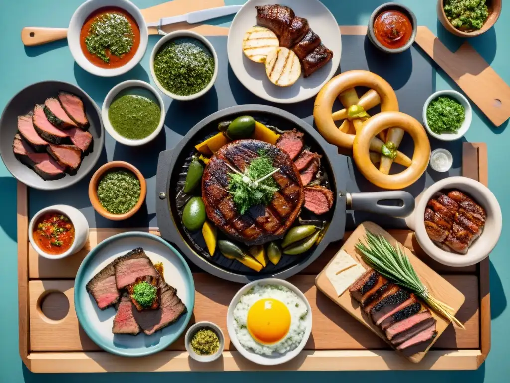 Una parrillada uruguaya tradicional con cortes suculentos y chimichurri, bajo el cálido sol