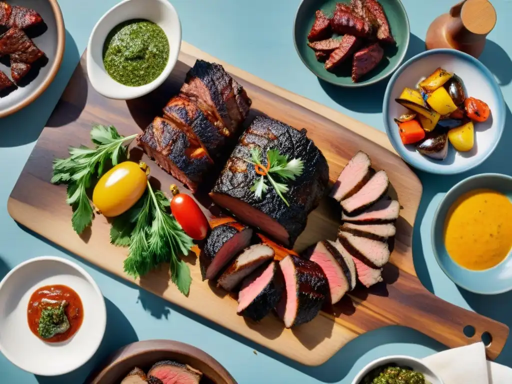 Una parrillada uruguaya tradicional con cortes variados perfectamente asados y coloridas guarniciones, sobre una mesa de madera rústica