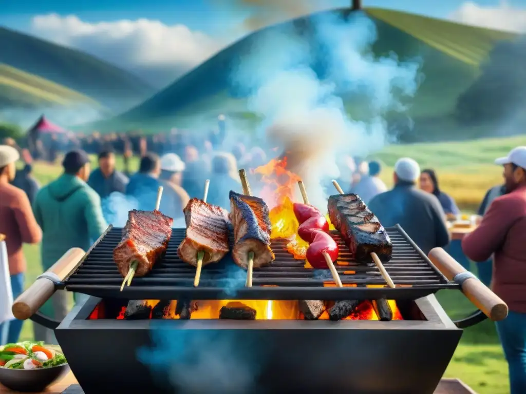 Una parrillada tradicional uruguaya con gente disfrutando en un evento cultural