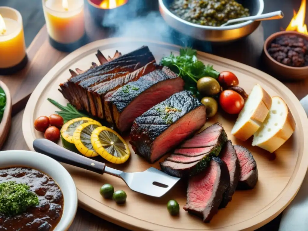 Una parrillada uruguaya tradicional con guarniciones típicas, bajo la cálida luz del atardecer