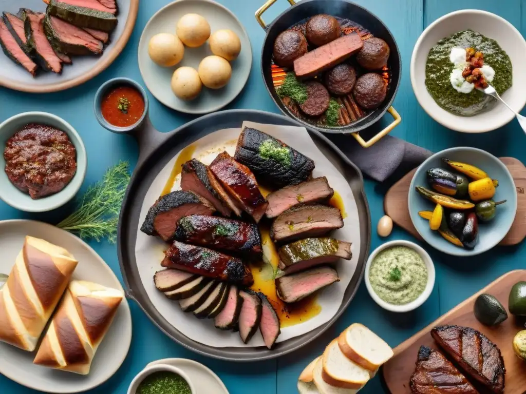 Una parrillada uruguaya tradicional con influencias internacionales, carnes a la parrilla, chimichurri y vino Tannat