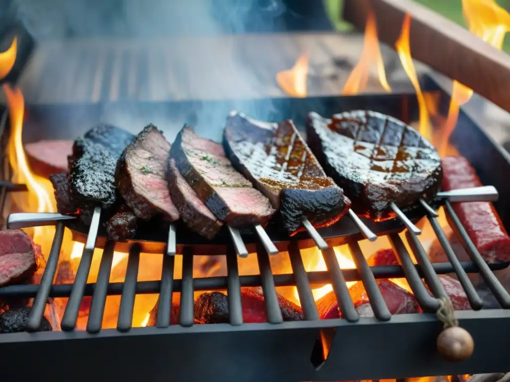 Una parrillada uruguaya tradicional con los mejores cortes cocinando a la perfección sobre brasas brillantes