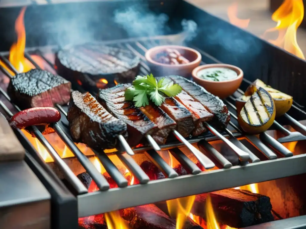 Una parrillada uruguaya tradicional con los mejores cortes cocinando sobre brasas, acompañada de chimichurri y vino Tannat