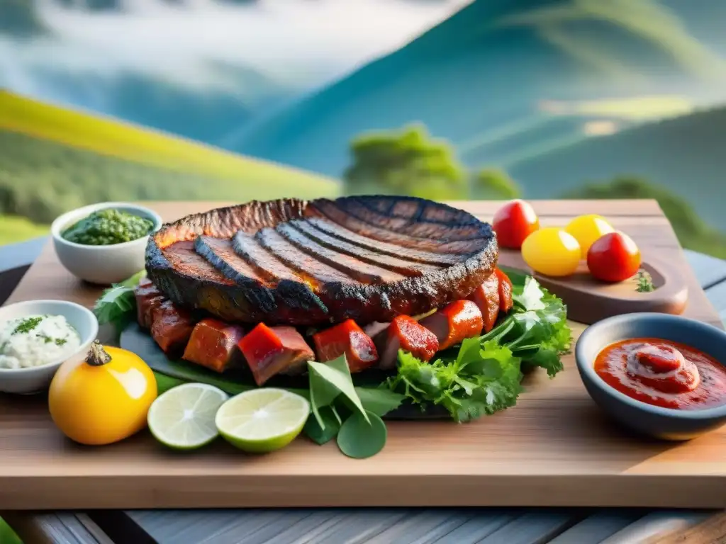 Una parrillada tradicional uruguaya en una mesa de madera rústica, con cortes de carne, chimichurri, ensaladas y vegetales a la parrilla