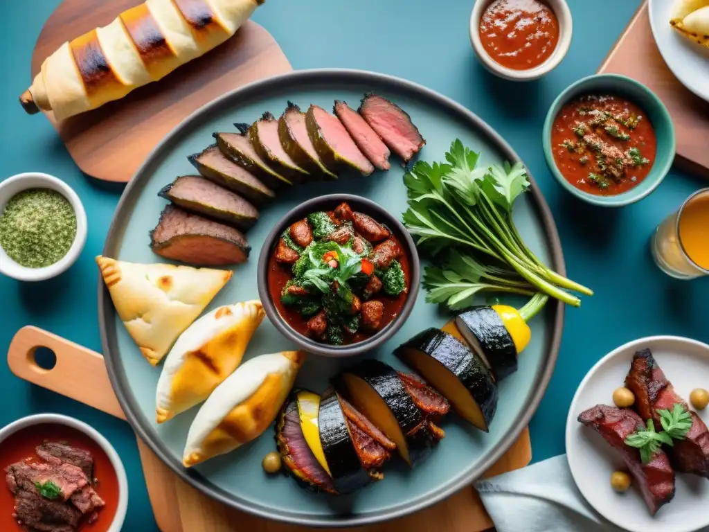 Una parrillada tradicional uruguaya en una mesa rústica, con carnes suculentas y acompañamientos, iluminada por la cálida luz del sol