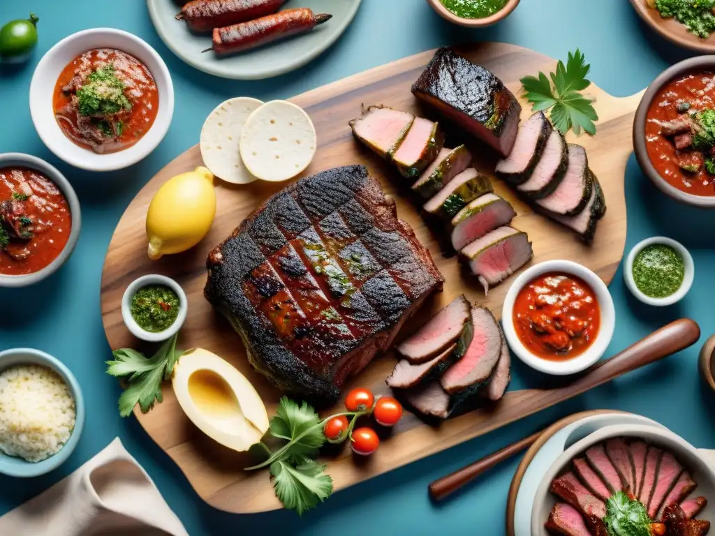 Una parrillada uruguaya tradicional con salsas, carnes y condimentos bajo el sol