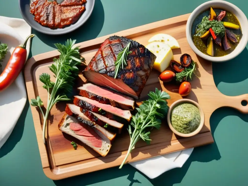 Una parrillada uruguaya tradicional con Secretos asado estilo Uruguayo, carnes jugosas a la parrilla, chimichurri y vegetales asados