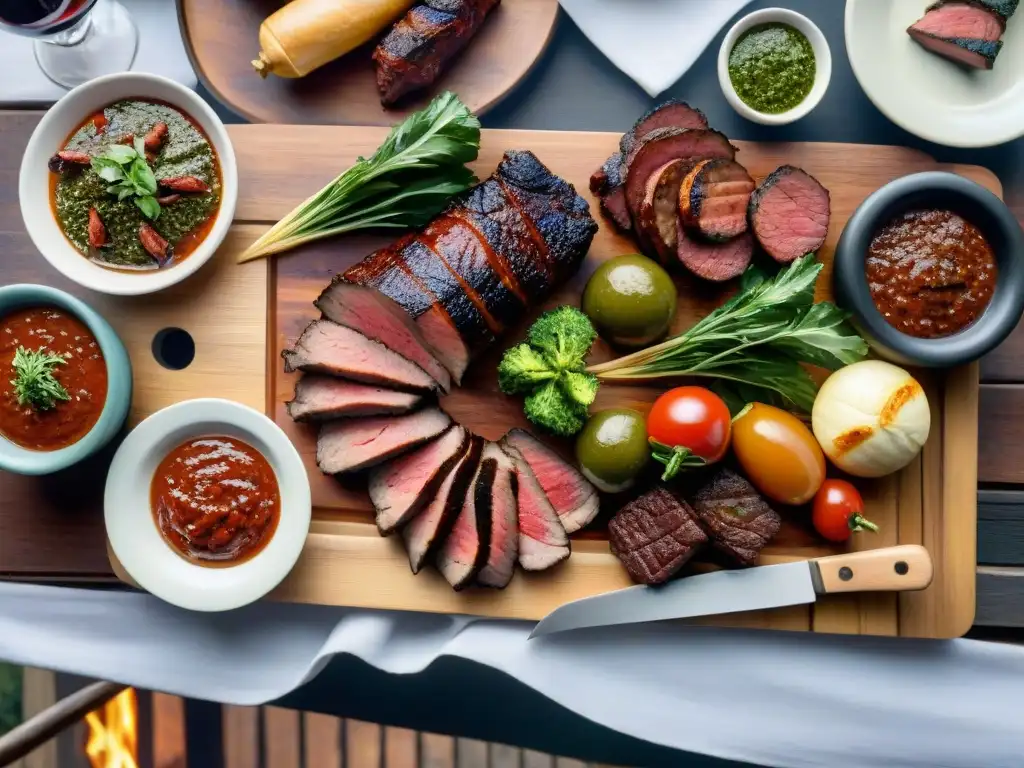 Una parrillada uruguaya tradicional con secretos parrilladas uruguayas en mesa rústica, colores vibrantes y delicias culinarias