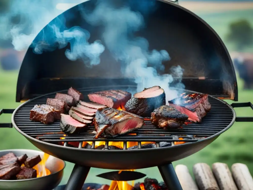 Una parrillada tradicional uruguaya con variedad de carnes cocinando sobre brasas, en un paisaje campestre