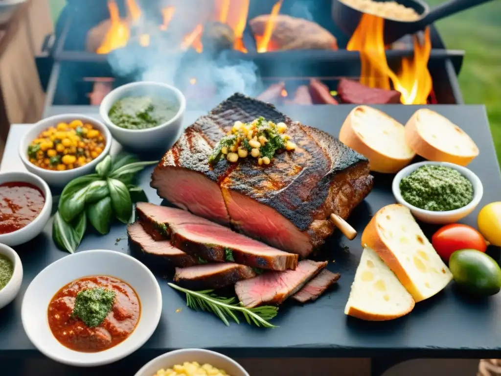 Una parrillada uruguaya tradicional con variedad de carnes, chimichurri, ensaladas y vinos