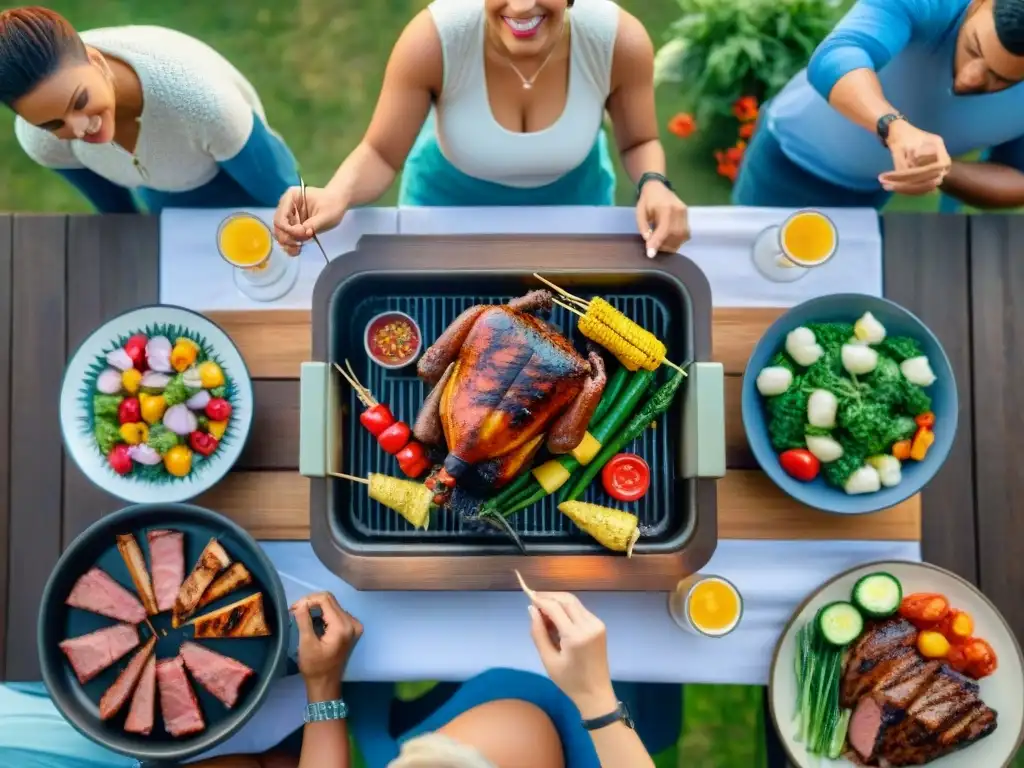 Una parrillada única con amigos al aire libre, rodeados de deliciosos platillos y luces colgantes, inspirando ideas creativas para parrilladas únicas