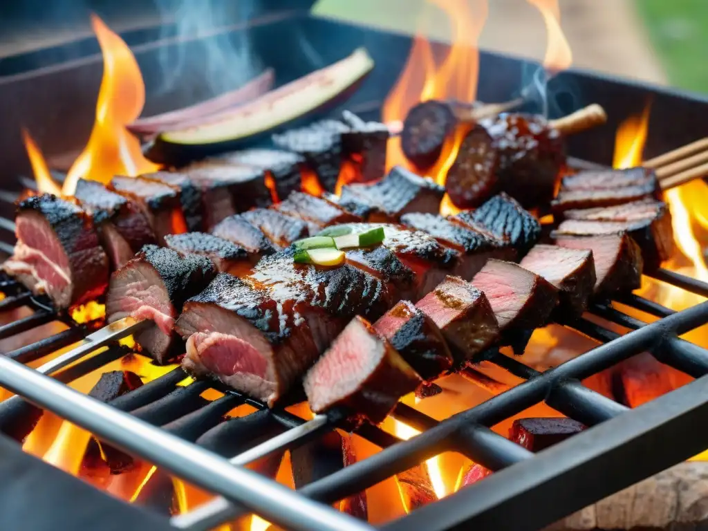 Una parrillada uruguaya asada a la perfección con cortes de carne variados, rodeada de llamas y humo