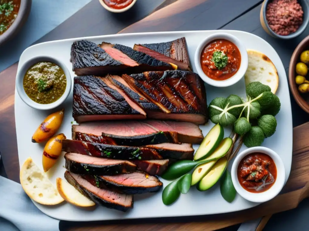 Una parrillada uruguaya perfectamente asada en una mesa rústica, con cortes de carne jugosos y acompañamientos tradicionales