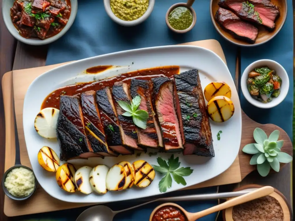 Delicioso asado uruguayo en parrilla campestre Una parrillada uruguaya perfectamente asada en una mesa rústica, con maridaje marca asado uruguayo