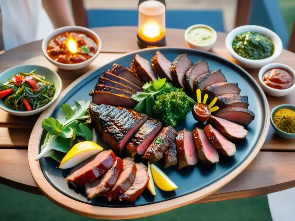 Una parrillada uruguaya auténtica con chorizo, morcilla y asado, acompañada de chimichurri y verduras asadas en una mesa rústica al aire libre