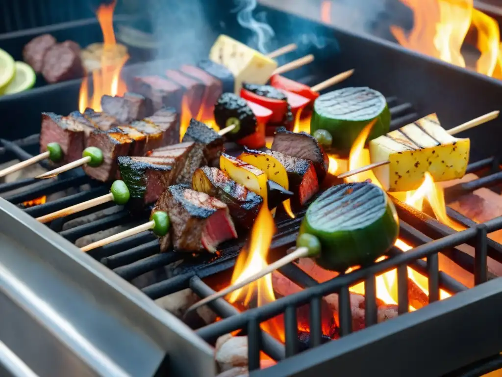 Una parrillada uruguaya con brochetas mixtas coloridas y suculentas, asadas a la perfección