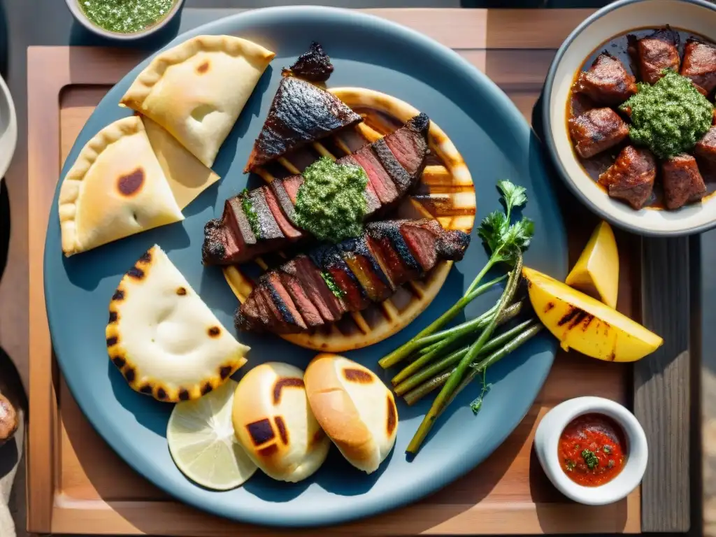 Una parrillada uruguaya sizzling con chorizo, vacío, morcilla y empanadas doradas, bajo el cálido sol sudamericano