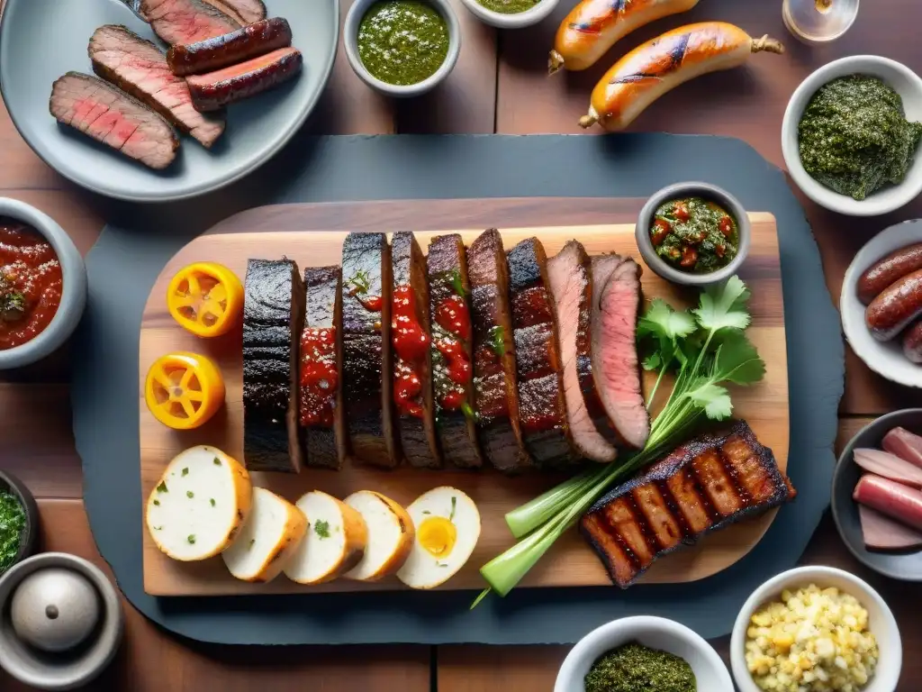 Una parrillada uruguaya sizzling con cortes de carne y vegetales a la parrilla, rodeada de chimichurri y pan crocante en un ambiente acogedor