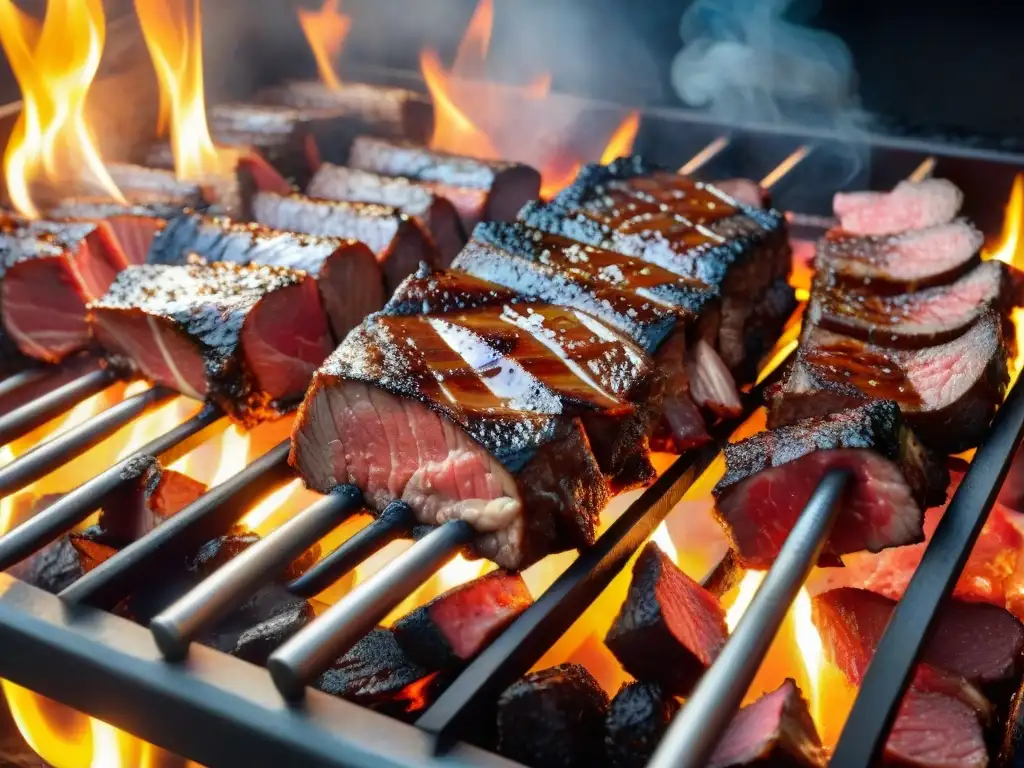 Una parrillada uruguaya con cortes magros para asado uruguayo sizzling en la parrilla, rodeada de humo y brasas brillantes