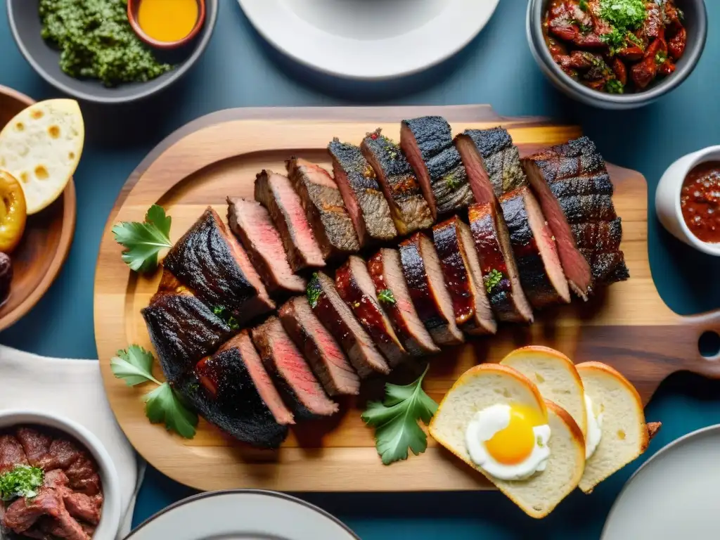 Una parrillada uruguaya exquisita y detallada con los mejores cortes de carne y acompañamientos tradicionales en una mesa rústica