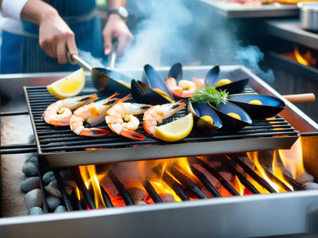 Una parrillada uruguaya llena de mariscos suculentos, humeantes y perfectamente cocidos, en un mercado vibrante