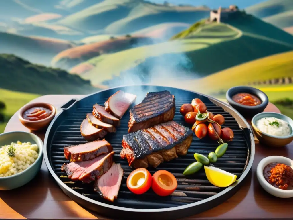 Una parrillada uruguaya con los mejores cortes de carne, asados a la perfección sobre una parrilla, en un escenario campestre