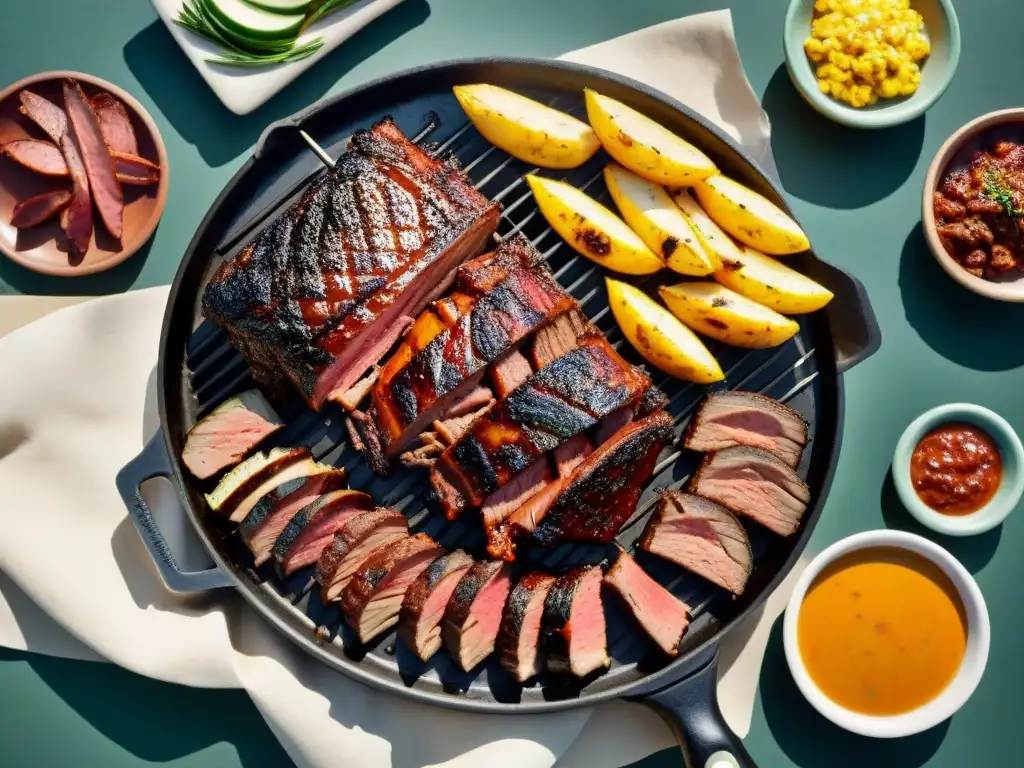 Una parrillada uruguaya con los mejores cortes de carne asado a la perfección, goteando jugosamente bajo el sol