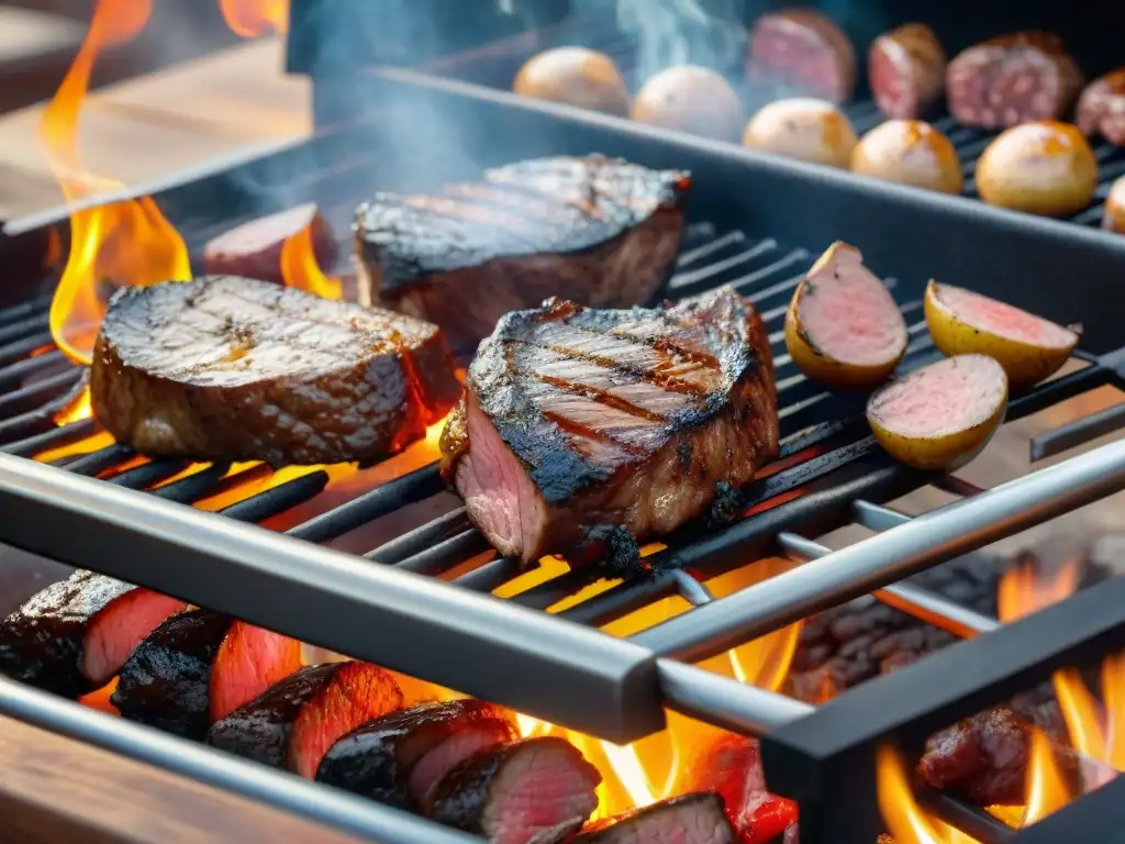 Una parrillada uruguaya con los mejores cortes de carne, amigos reunidos alrededor de la mesa de madera, el asado perfecto en su esplendor