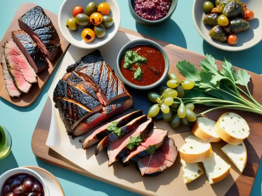 Una parrillada uruguaya en mesa rústica con cortes de carne a la parrilla y chimichurri, en viñedo de Cabernet Franc