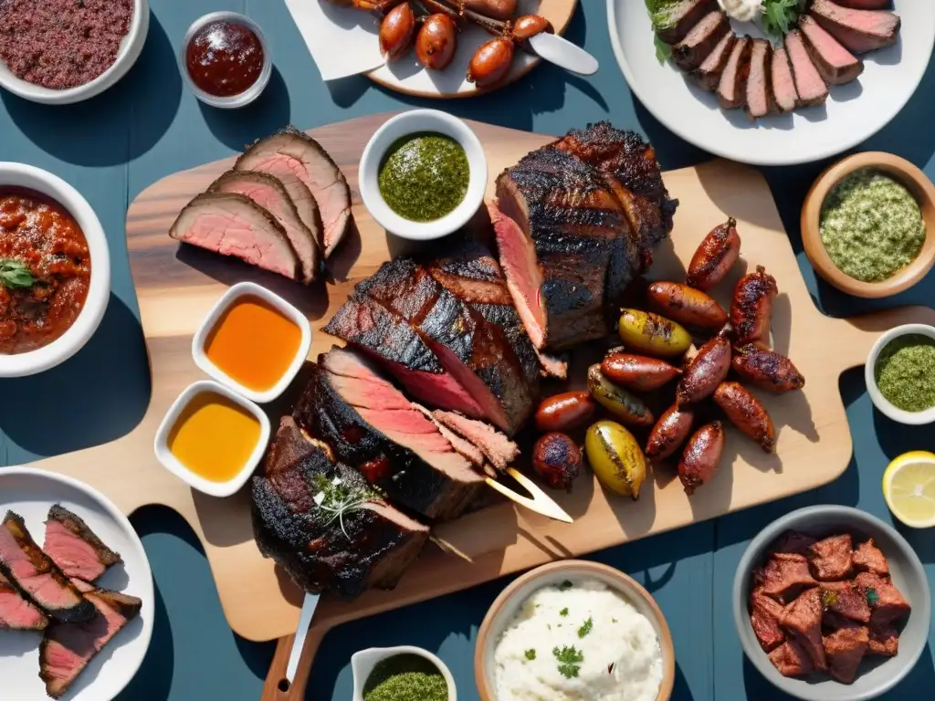 Una parrillada uruguaya perfecta al aire libre al atardecer con churrasco, morcilla, chimichurri y vino Tannat