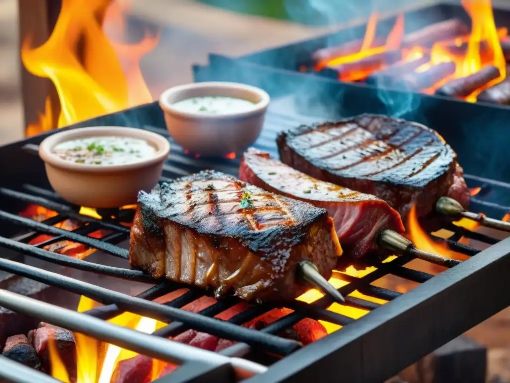 Una parrillada uruguaya perfecta con jugosos cortes de carne, chorizos y costillas en una parrilla humeante al atardecer