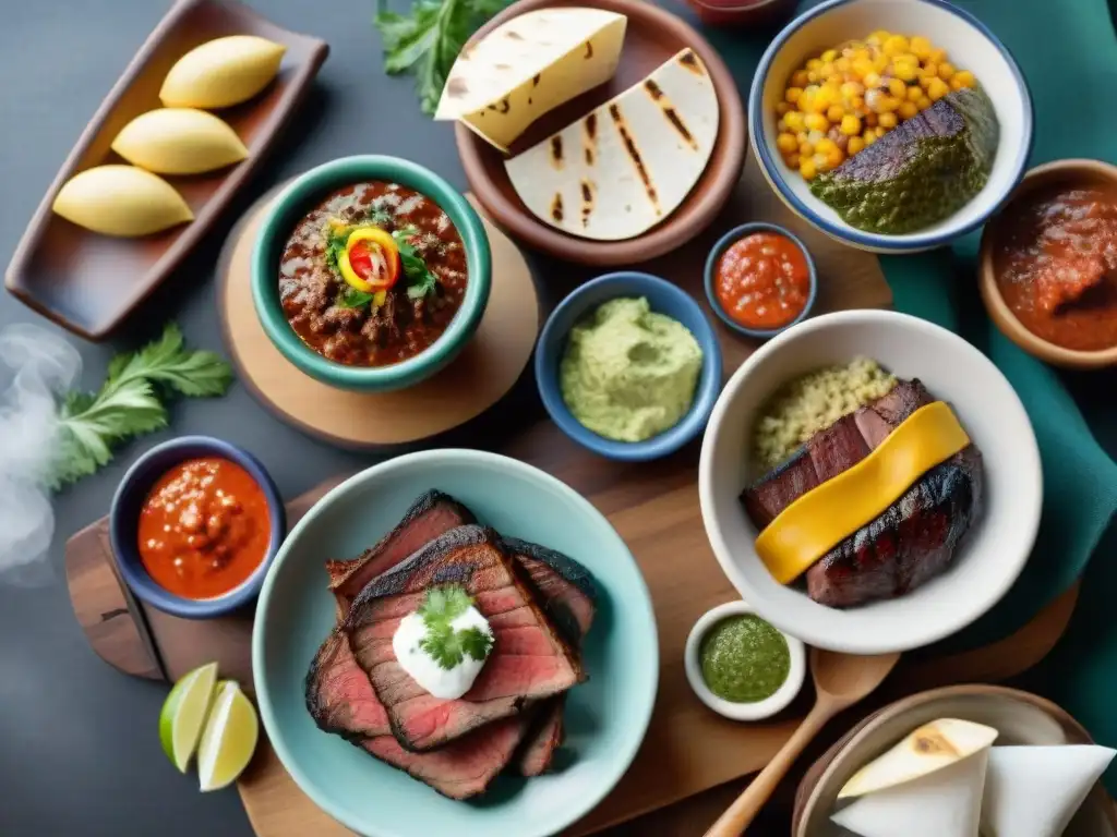 Una parrillada uruguaya con salsas tradicionales en coloridos recipientes de cerámica sobre una mesa de madera rústica