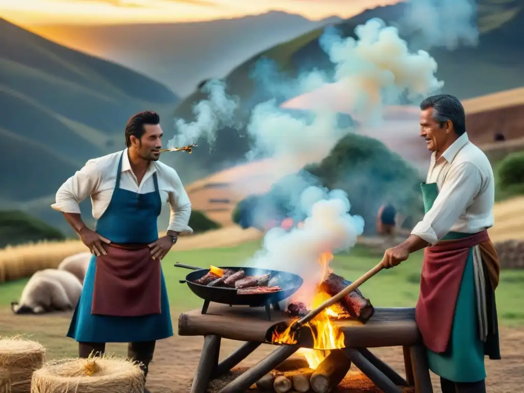 Una parrillada uruguaya tradicional al atardecer en el campo, gauchos asando carne sobre fuego abierto