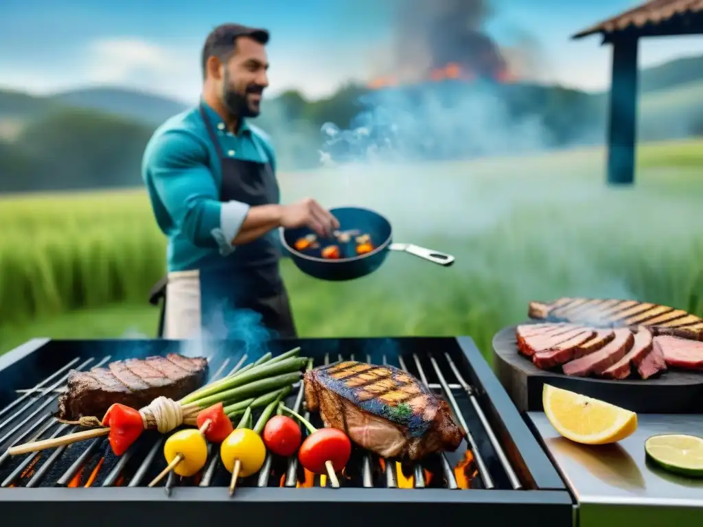 Una parrillada verde en un campo exuberante bajo un cielo azul, con un asado sostenible y gente feliz disfrutando juntos